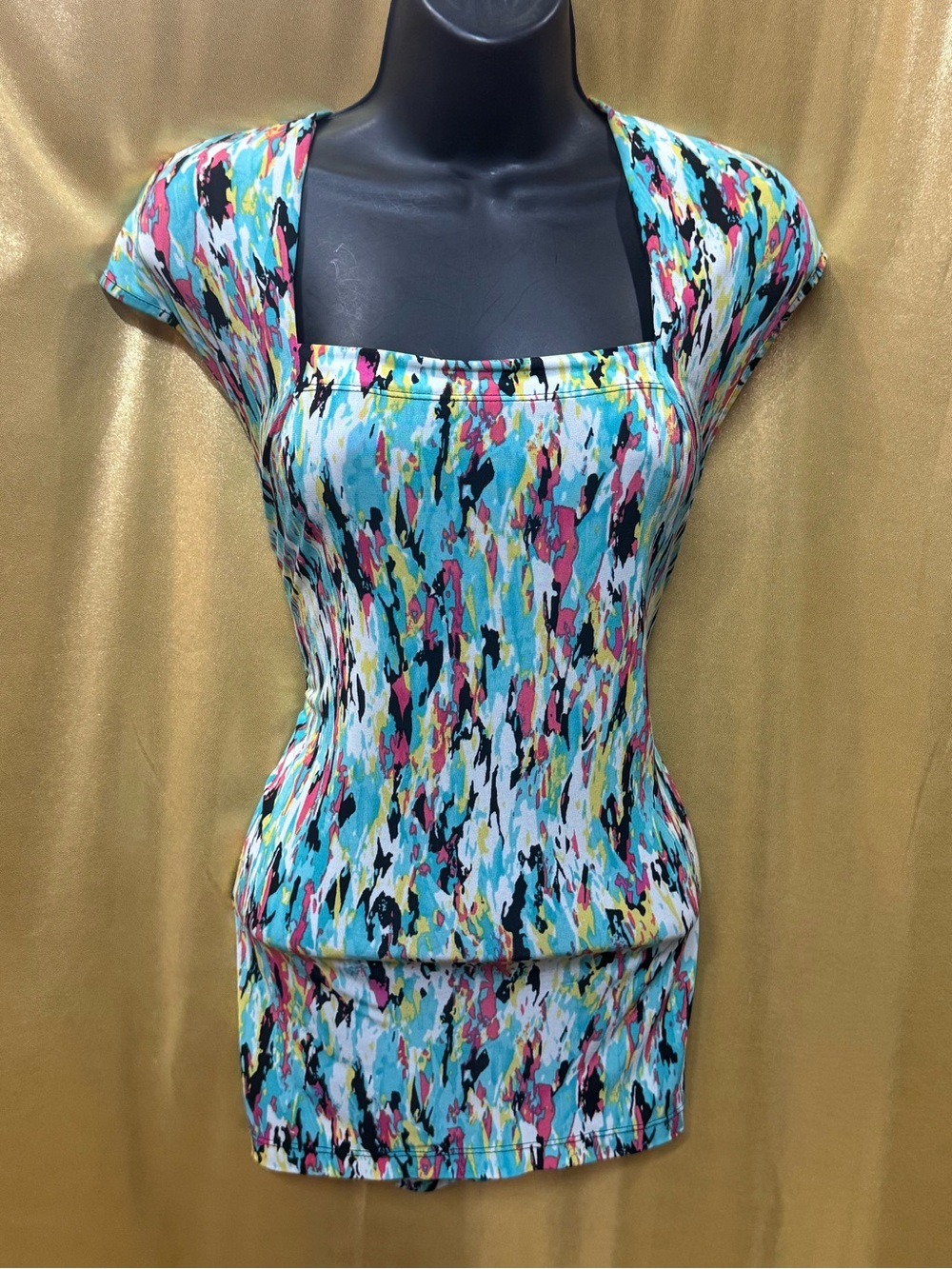 Kasper Colorful Abstract Brushstroke Blouse Square Neck Top Size Large